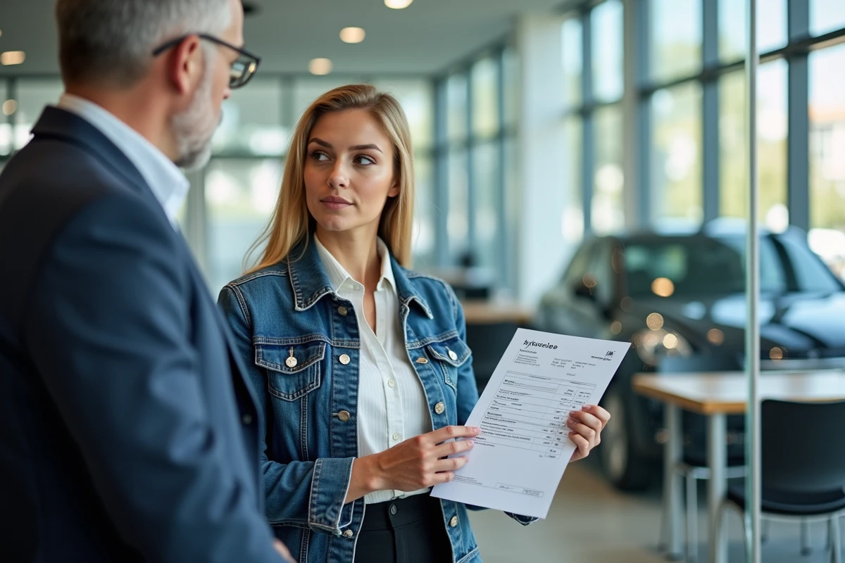 Femme discutant avec le réceptionniste dans un concessionnaire