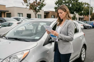 Femme comparant des offres d'assurance auto à côté de sa voiture compacte dans un parking urbain