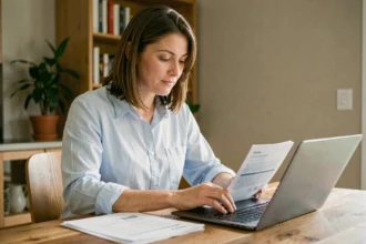Une femme compare des contrats d'assurance voiture sur son ordinateur portable à la maison