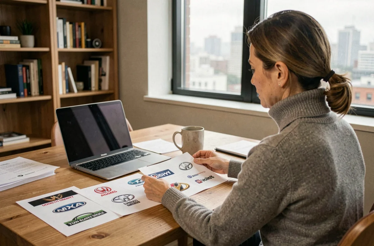 Femme analysant des logos de constructeurs automobiles imprimés sur des fiches marketing posées sur un bureau en bois