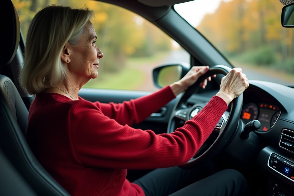Femme âgée regardant le tableau de bord du véhicule