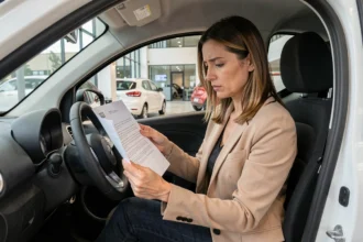 Femme lisant attentivement un contrat d'achat d'une voiture sans permis dans un showroom automobile