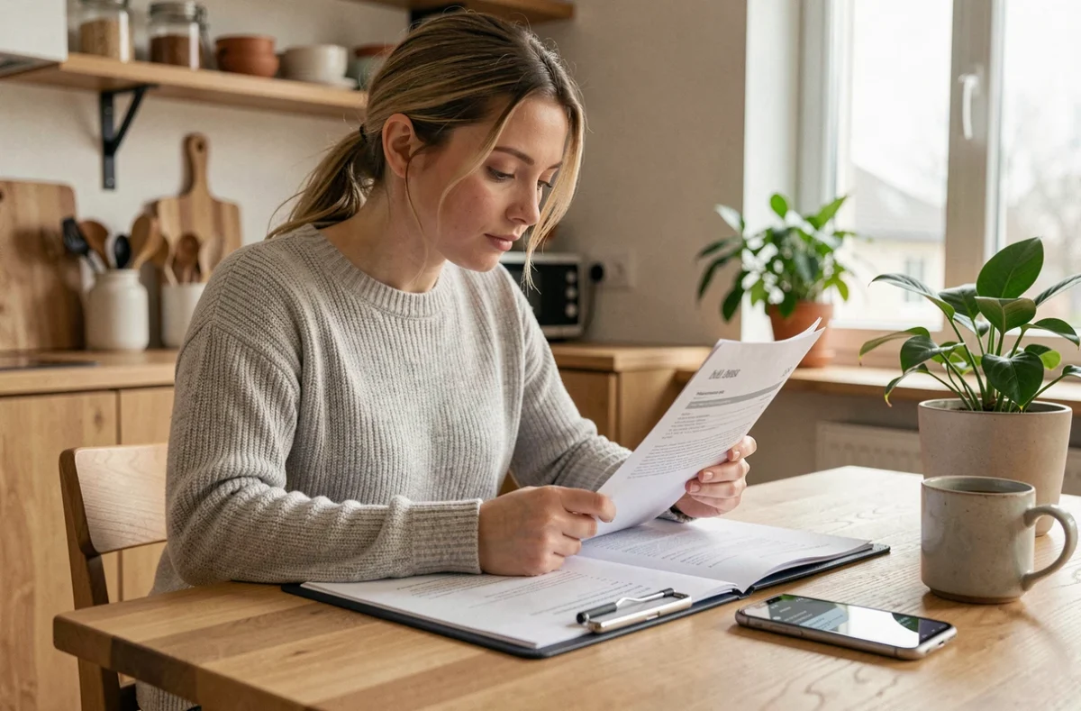 Femme consultant un contrat d'assurance scooter deux roues à la maison