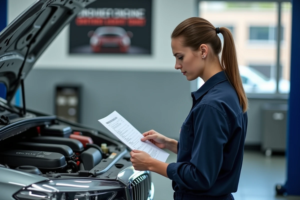 Jeune femme vérifiant une checklist de contrôle automobile en intérieur