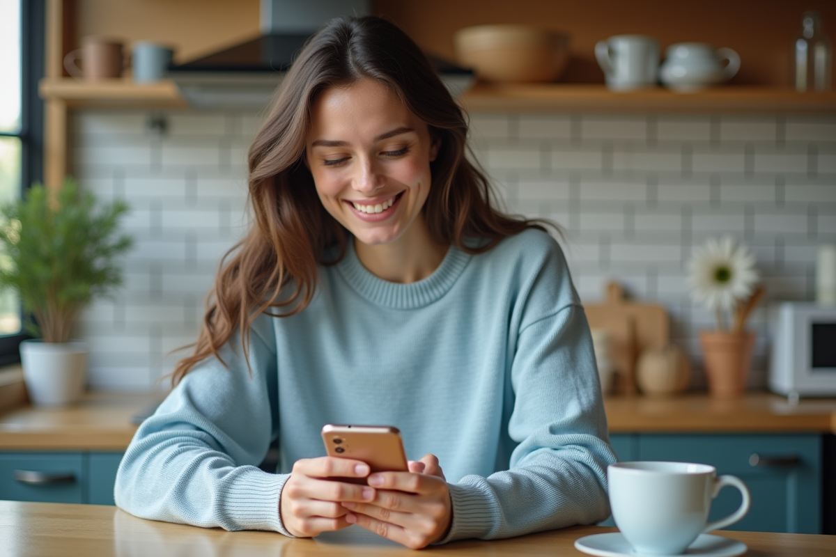 Jeune femme utilisant son smartphone dans la cuisine