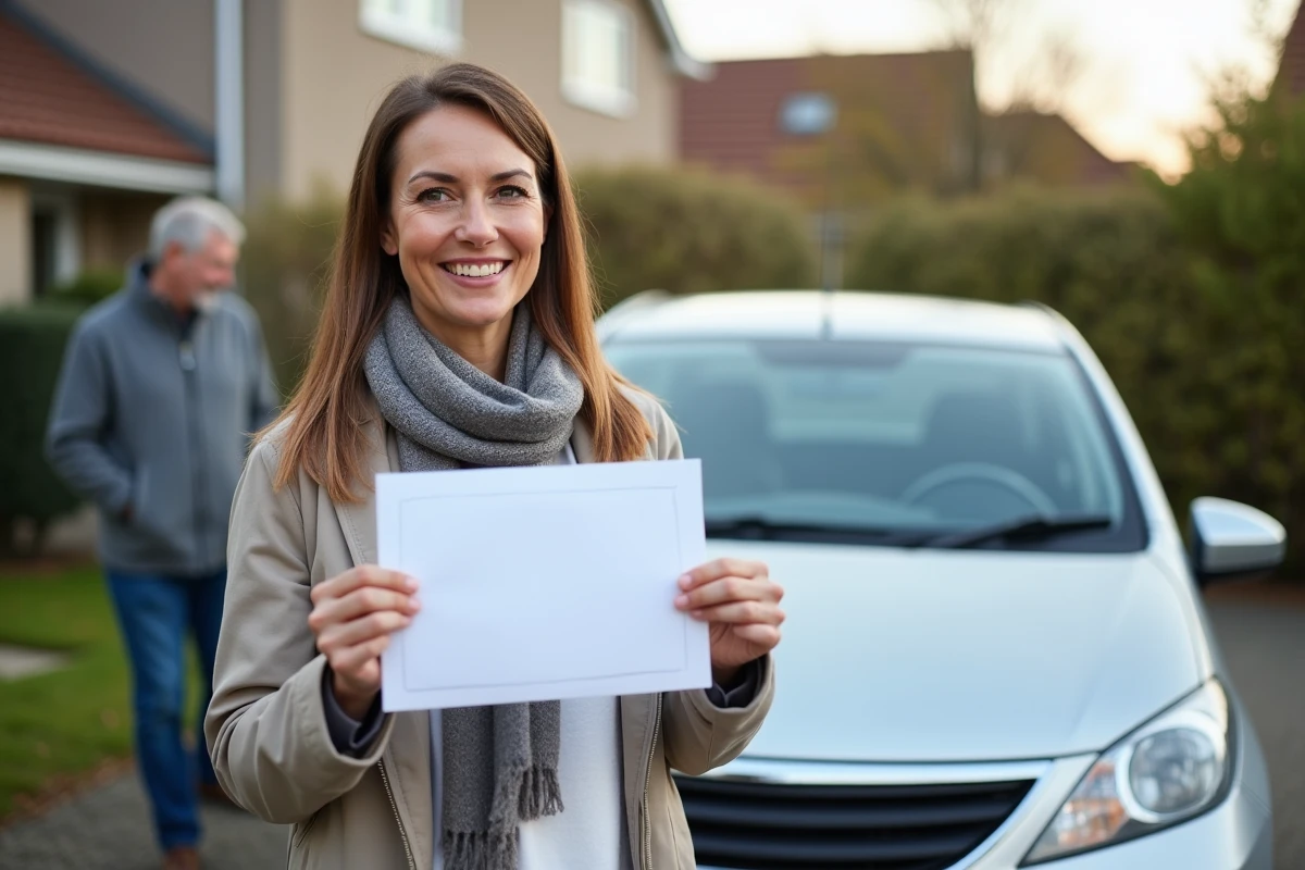 Femme souriante posant avec une voiture donnee en extérieur