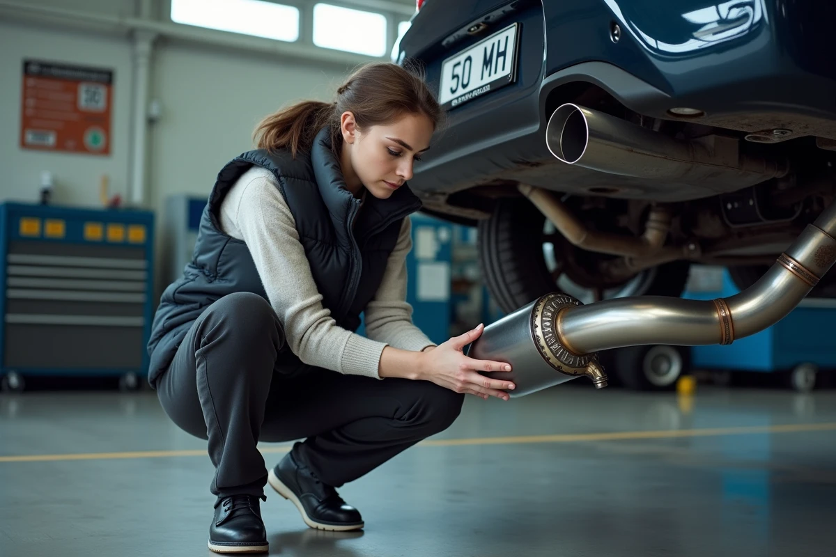 Jeune femme inspectant un systeme d échappement Subaru