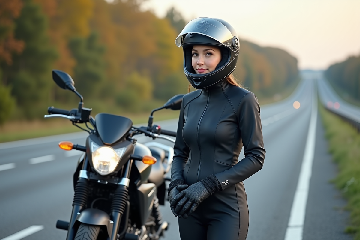 Jeune femme en équipement moto près d une moto sur l aire