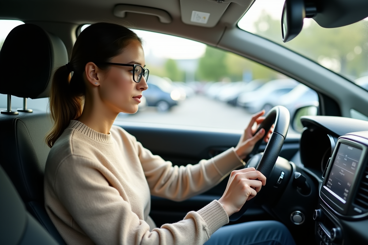 Jeune femme vérifiant le compteur dans sa voiture moderne