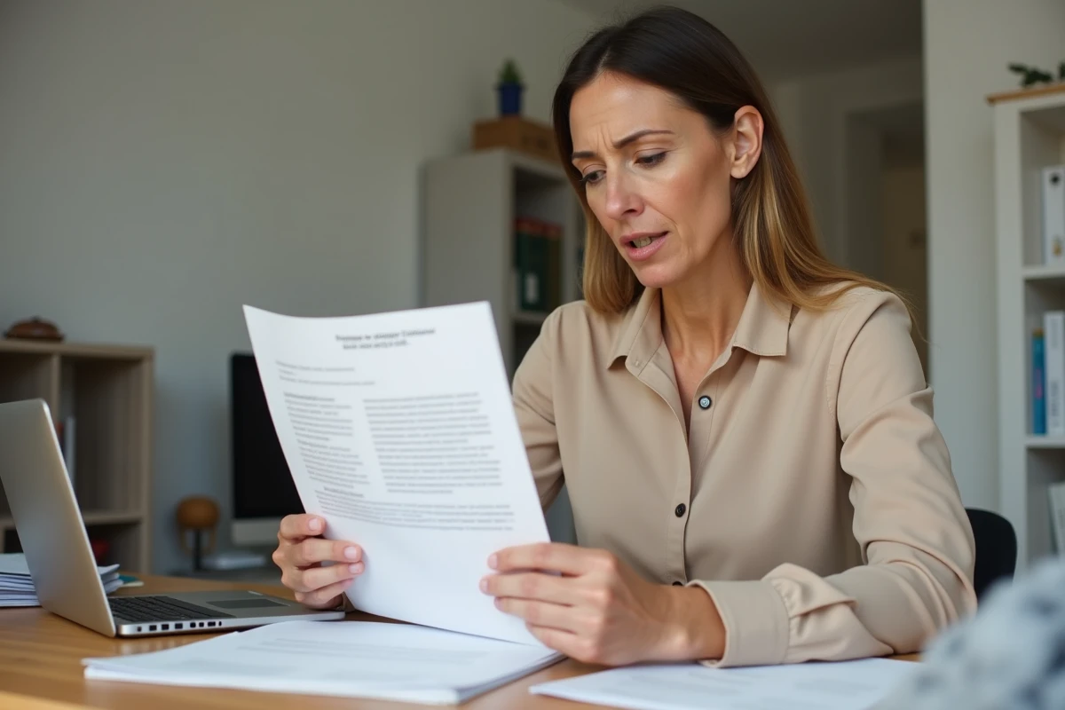 Femme lisant un avis de contravention de 5ème classe avec récidive reçu par courrier officiel