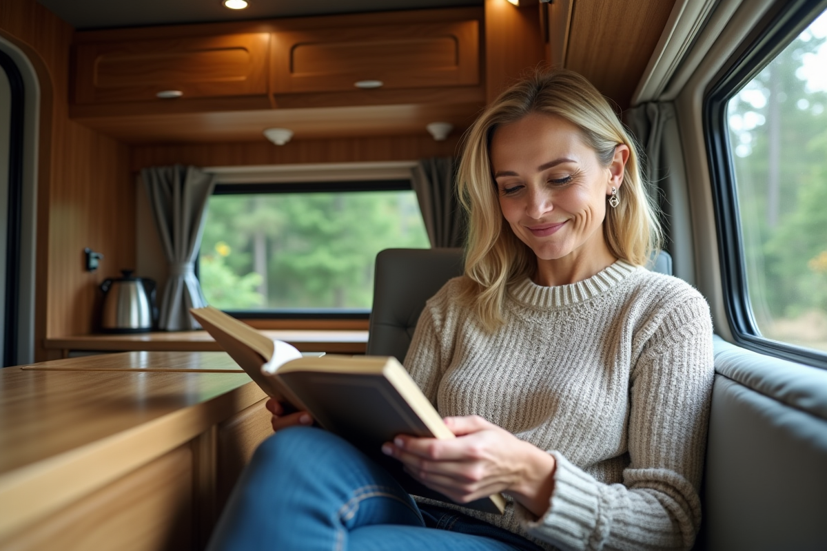 Femme lisant dans l’intérieur cosy de son van