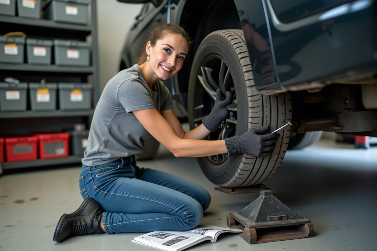 Femme mécanicienne débutante utilisant une clé à douille pour retirer un écrou de roue dans un garage organisé