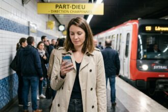 Femme consultant son application de transport en commun sur le quai du métro de Lyon Part-Dieu