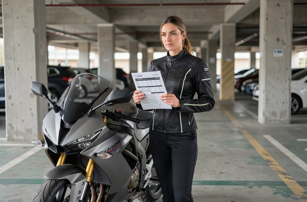 Femme motarde comparant des offres d'assurance moto dans un parking