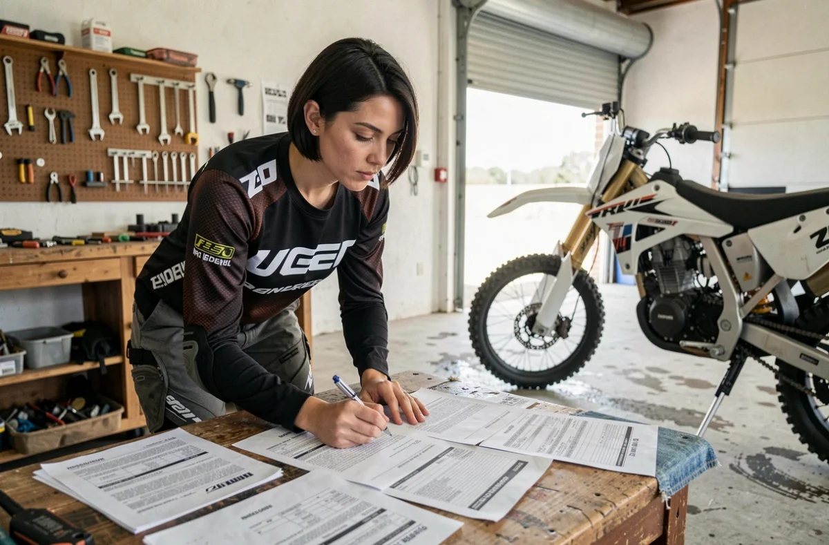 Femme motarde enduro analysant des documents de devis d'assurance dans un garage atelier