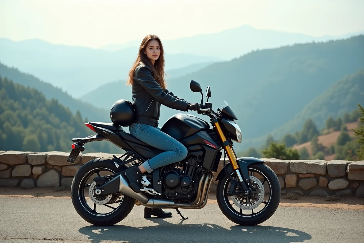 Femme à moto sur un paysage de montagne avec Suzuki GSX 600 R
