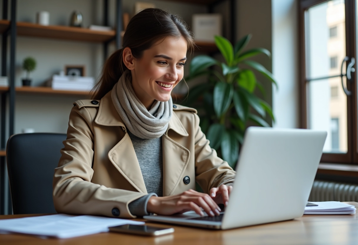 Femme négociant son scooter dans un bureau lumineux