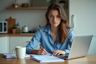 Jeune femme française travaillant sur son ordinateur à la maison