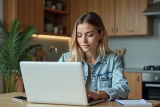 Femme en denim compare pneus sur ordinateur dans cuisine