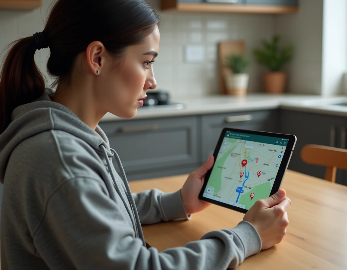 Femme planifiant un trajet sur tablette avec la carte Google Maps et les radars visibles