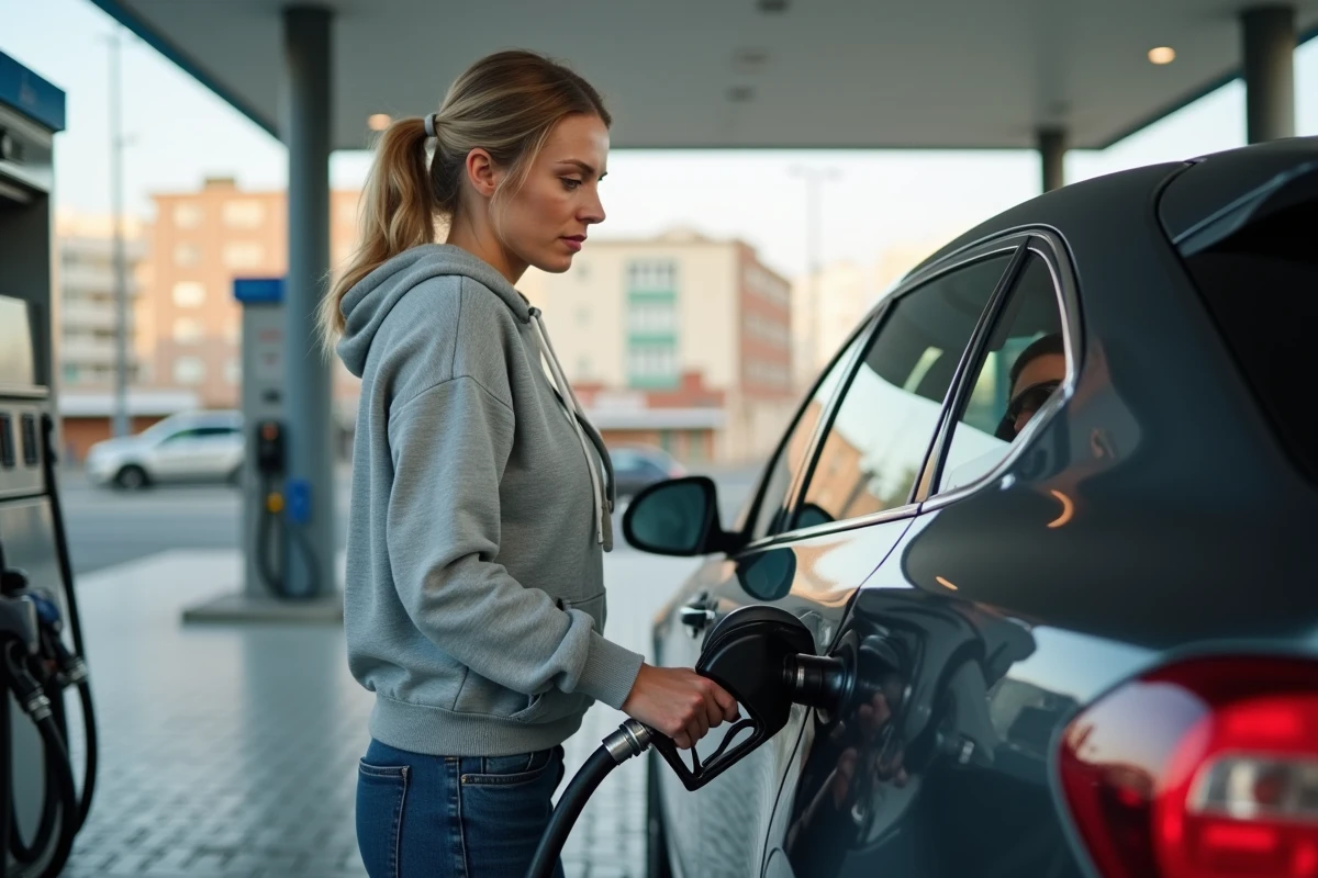 Femme faisant le plein d'essence à une station-service urbaine pour optimiser sa consommation de carburant