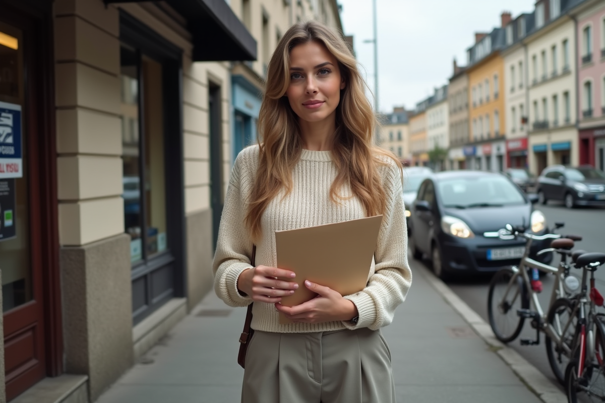 Femme dehors avec enveloppe et clés devant poste français