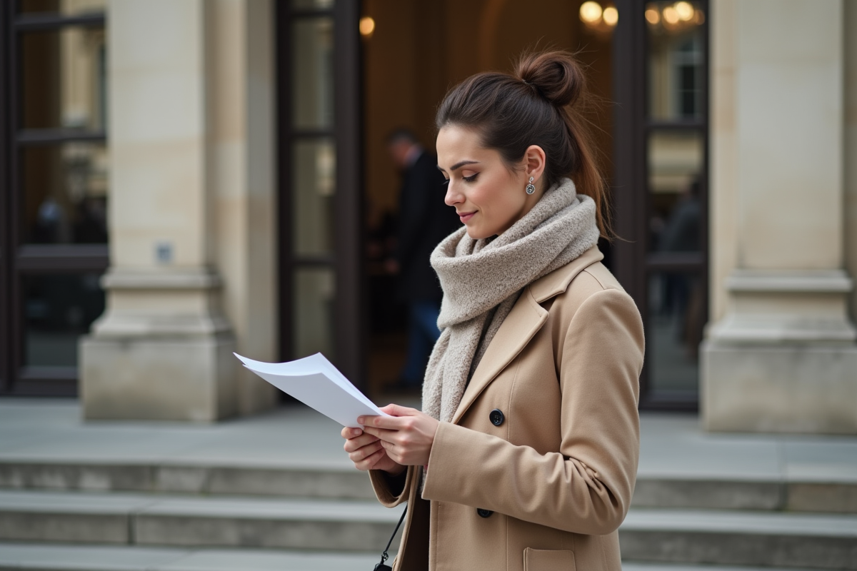 Femme vérifiant ses documents devant la préfecture