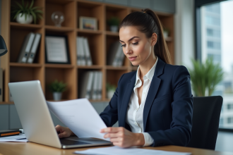 Femme d'affaires en costume dans un bureau moderne