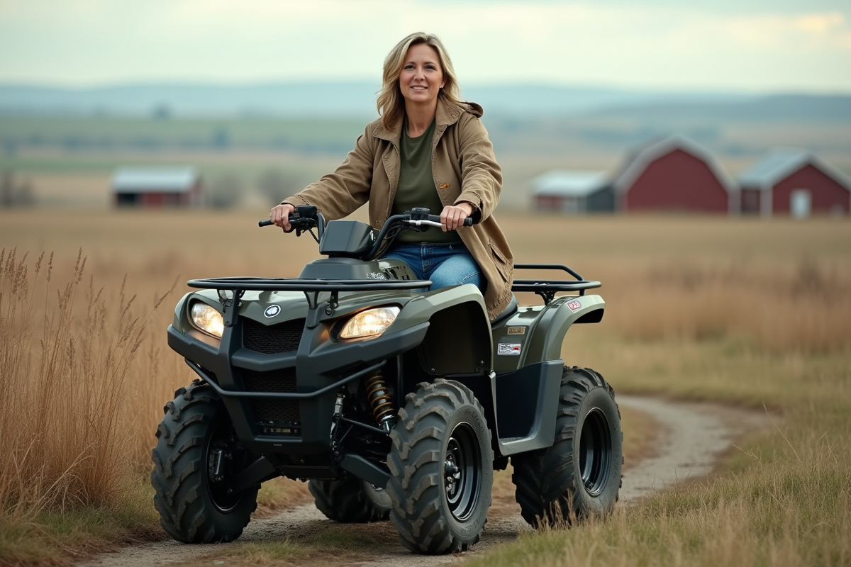 Femme assise sur un quad dans un paysage rural