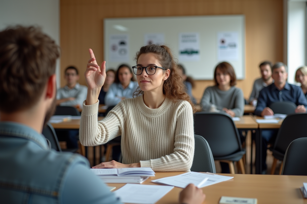 Femme levant la main dans un atelier de sécurité routière