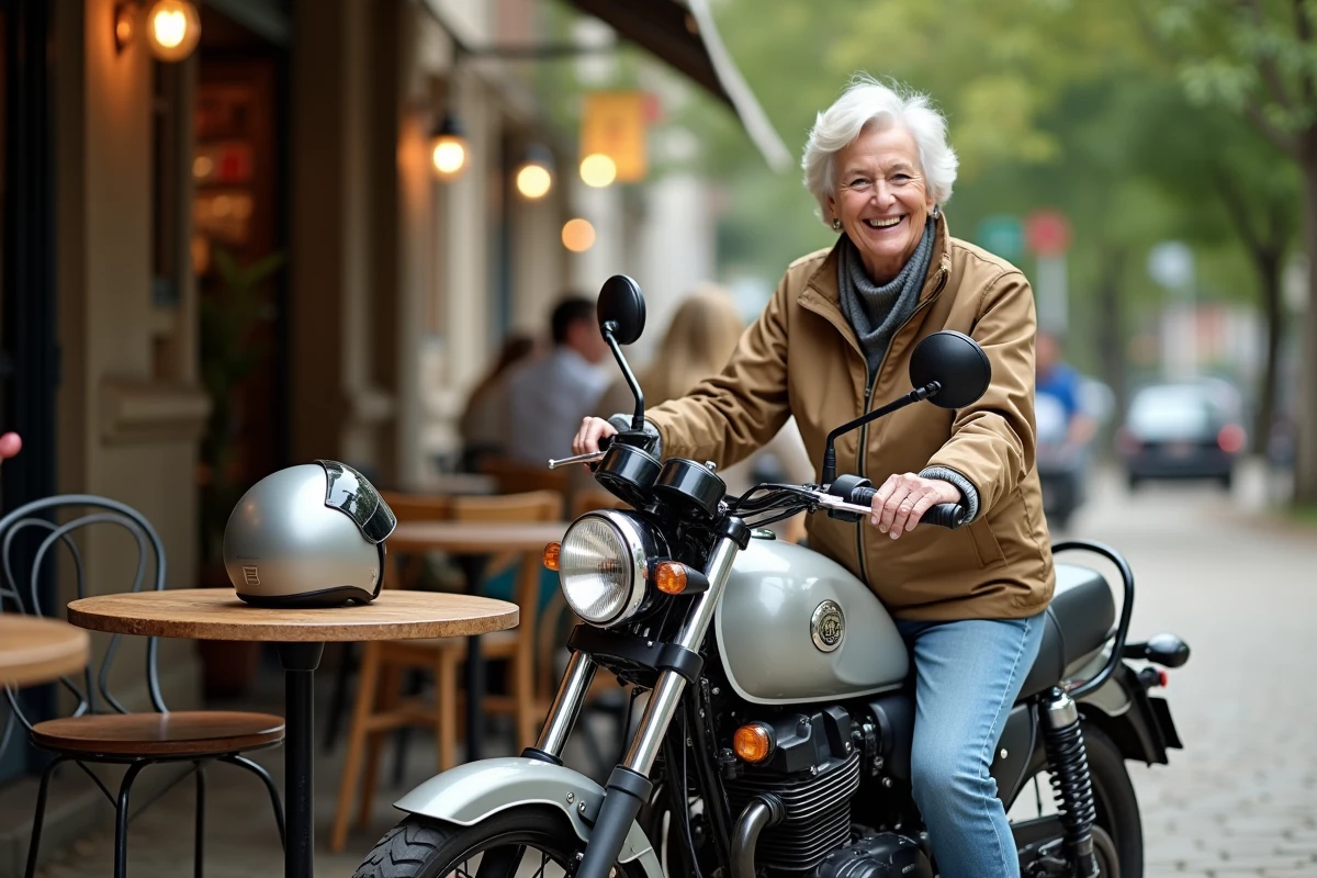 Femme en équipement de moto discutant à une terrasse de café avec sa Honda XLV750R
