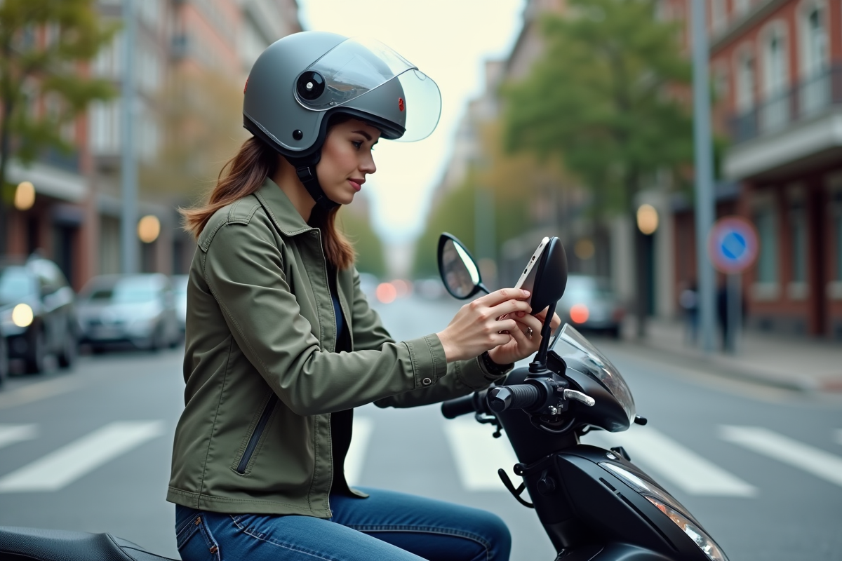 Femme ajustant son smartphone sur la moto en ville