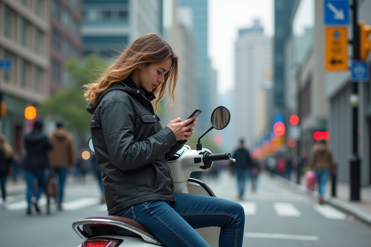 Femme en moto checking son téléphone en ville
