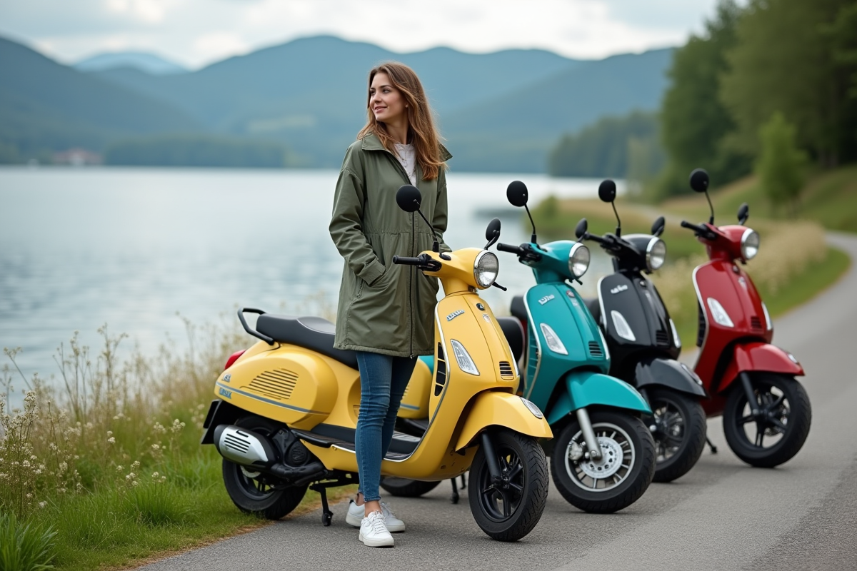 Jeune femme près de scooters Dax au bord du lac