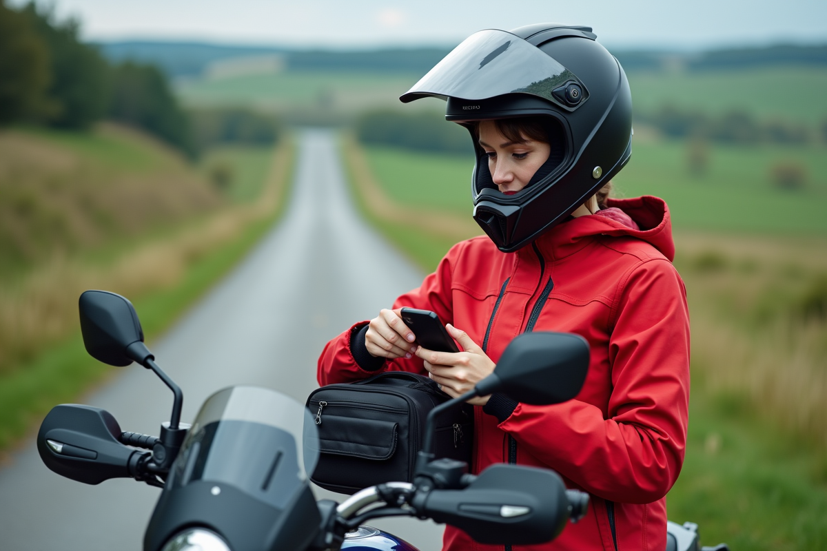 Femme en moto aventure sécurise son smartphone en campagne