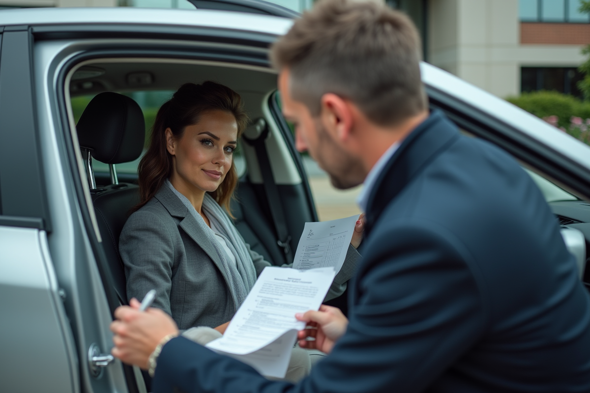 Femme professionnelle signe des papiers dans une voiture moderne