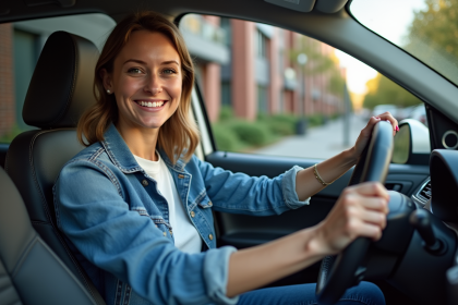 Femme souriante au volant d'une voiture en ville