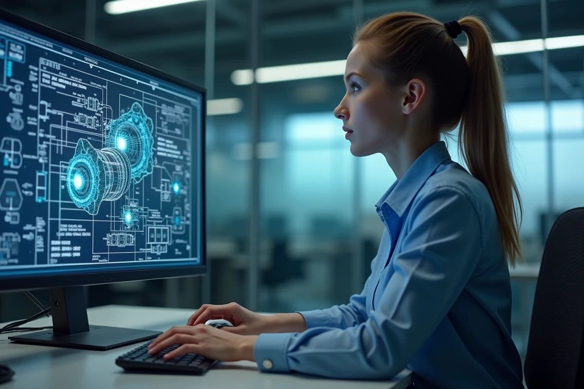 Jeune femme spécialiste informatique analysant un schéma digital