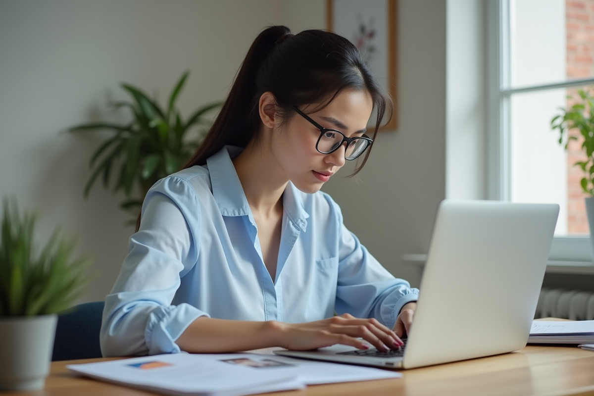 Femme concentrée travaillant sur son ordinateur à domicile