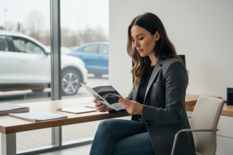 Jeune femme en blazer examine brochures de leasing voiture