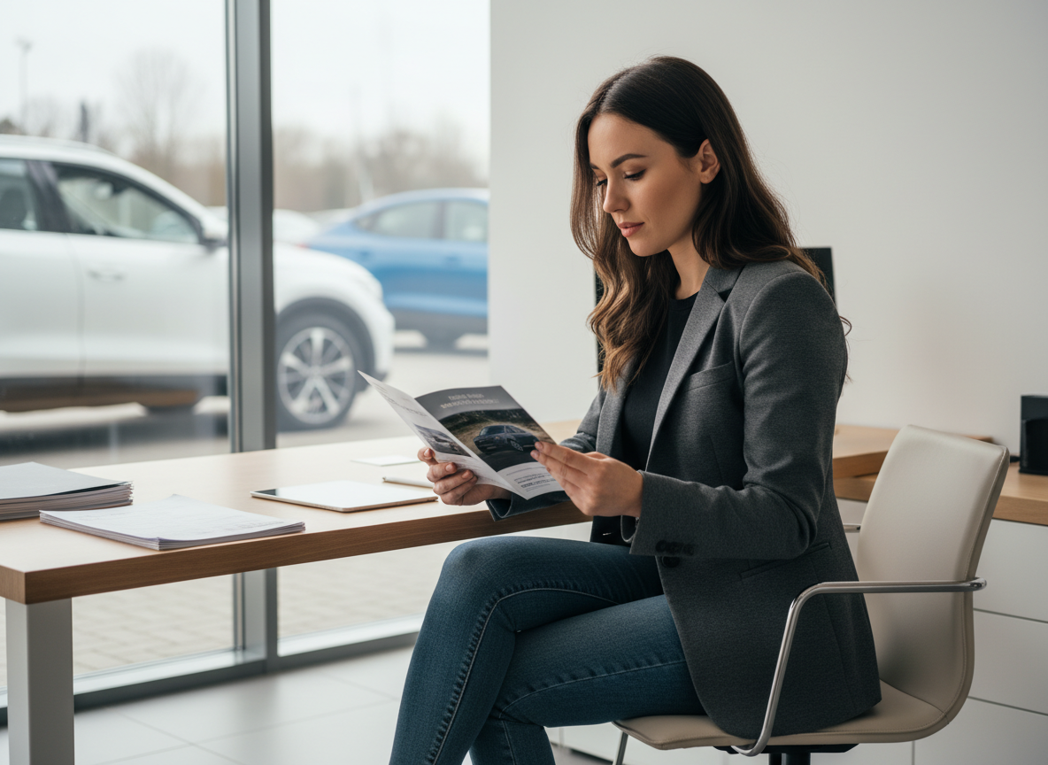 Jeune femme en blazer examine brochures de leasing voiture