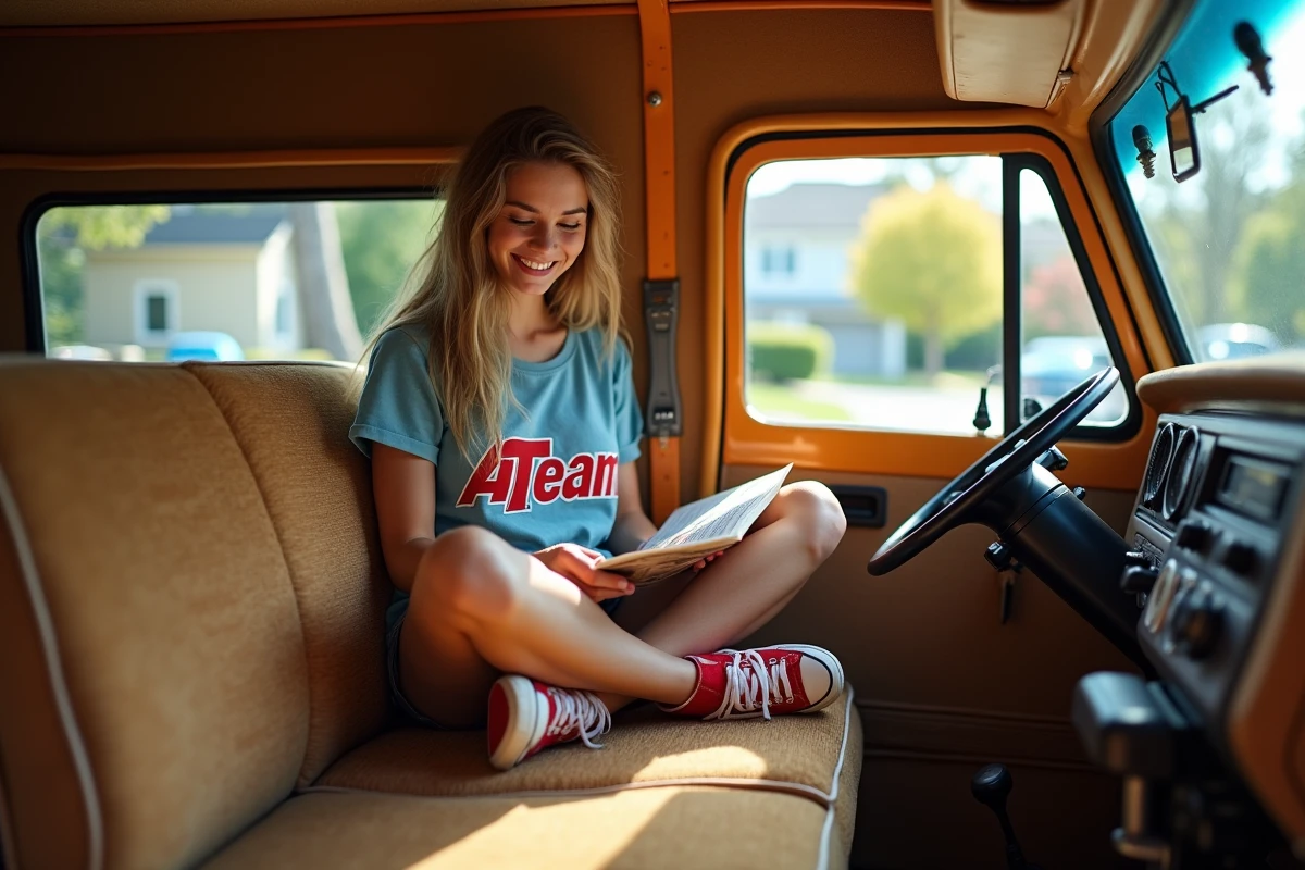 Jeune femme dans la van de la Team en regardant un guide