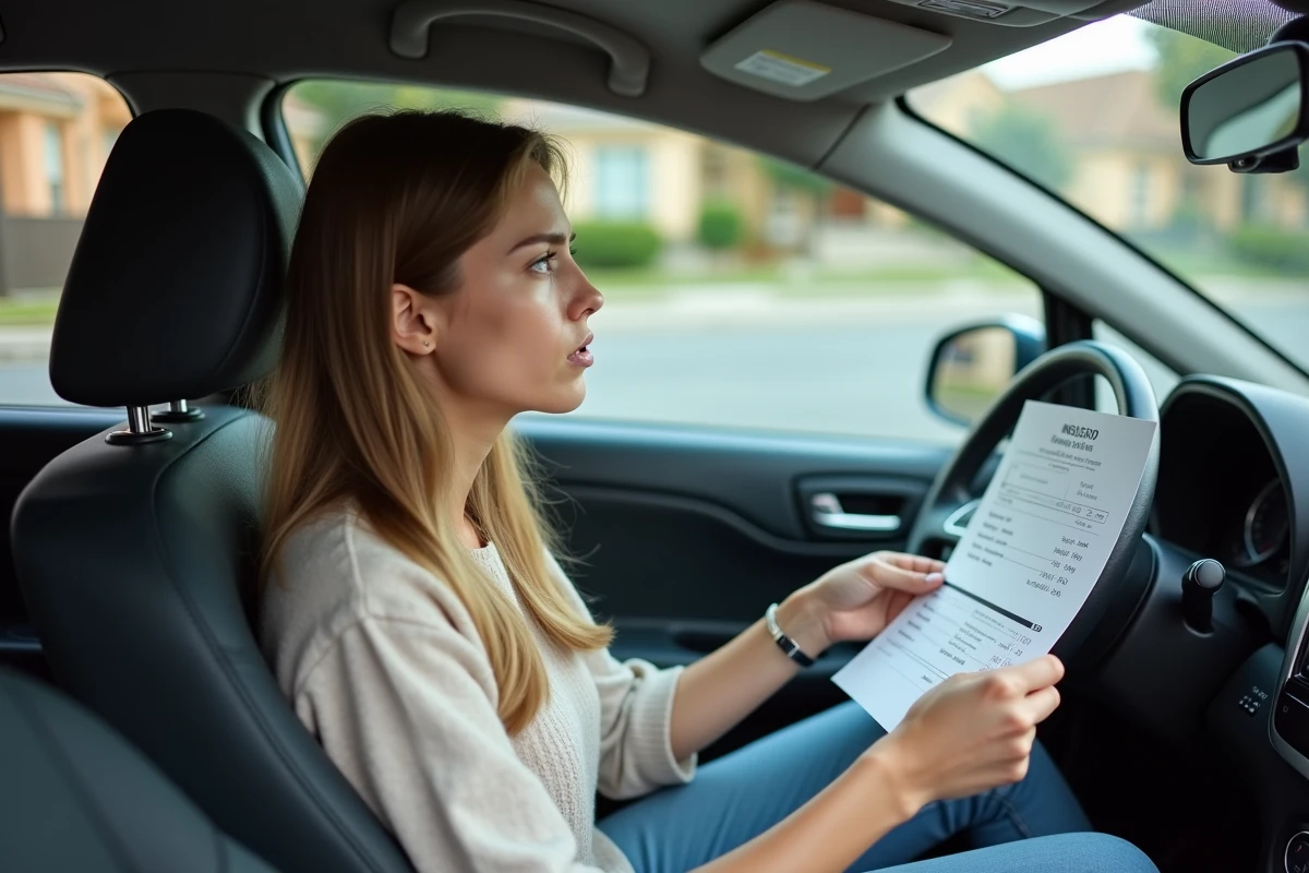Jeune femme regardant un reçu de service dans une voiture compacte