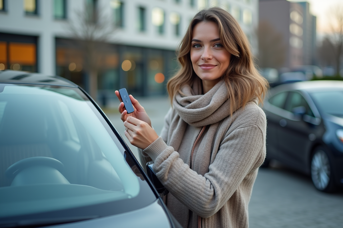 Femme utilisant une carte pour ouvrir une voiture électrique en ville