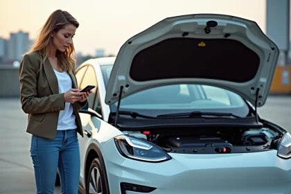 Femme regardant son téléphone près d'une voiture électrique en ville