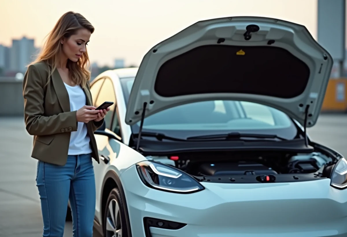 Femme regardant son téléphone près d'une voiture électrique en ville