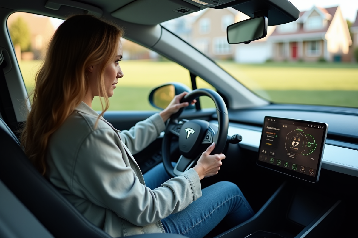 Jeune femme vérifiant le tableau de bord de sa voiture électrique