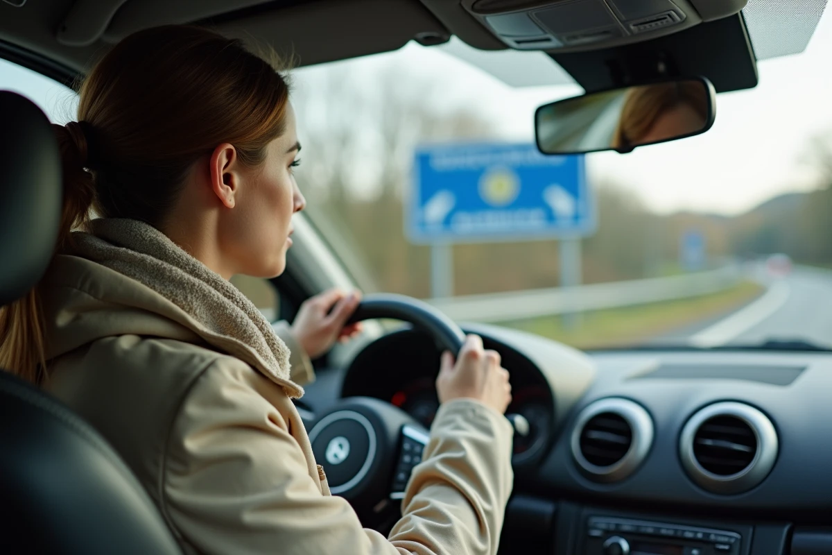 Femme conduisant une voiture avec GPS et panneaux de péage
