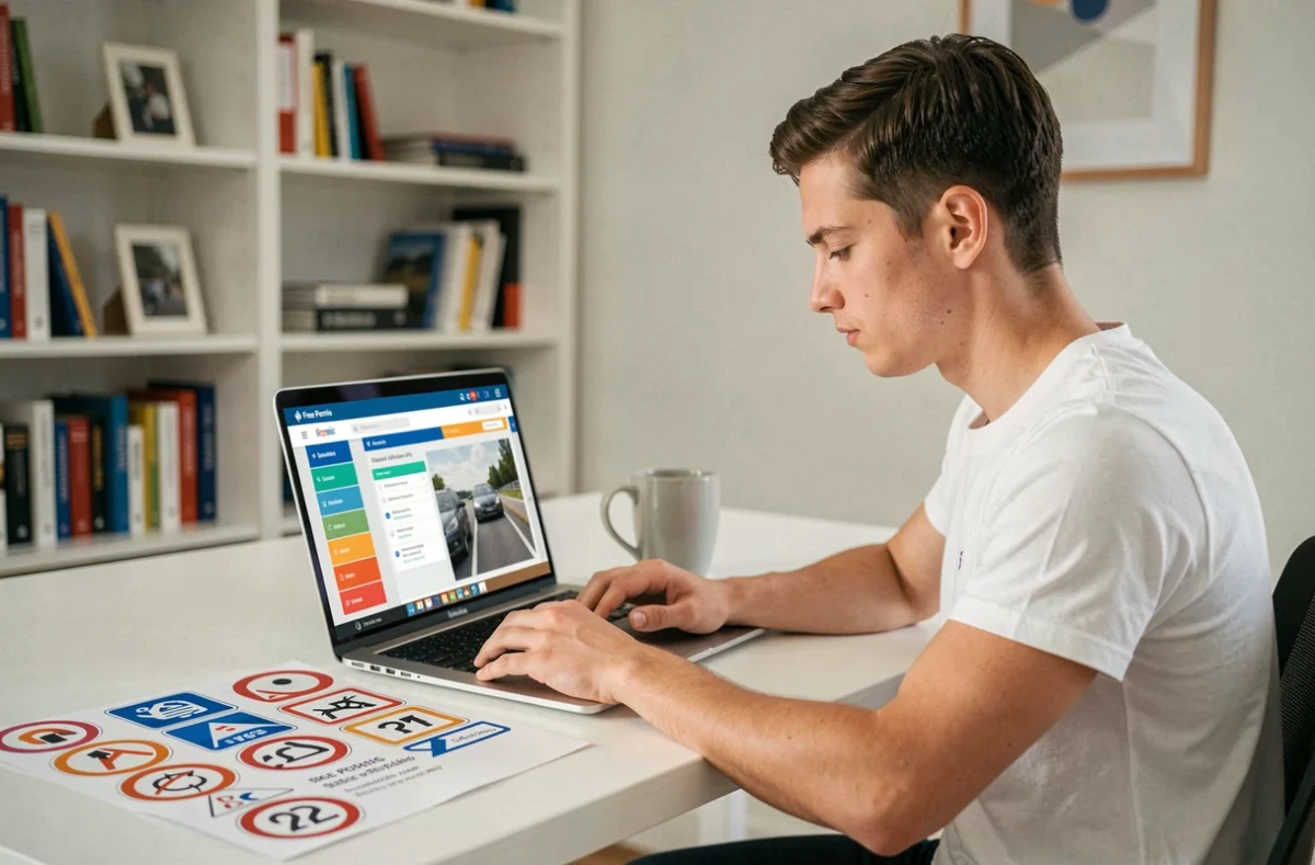 Jeune homme révisant le code de la route sur la plateforme en ligne Free Permis depuis son domicile à Lille