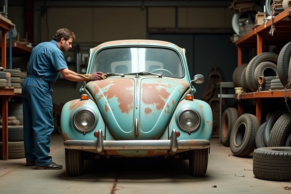 Voiture vintage dans un garage avec un mécanicien au travail